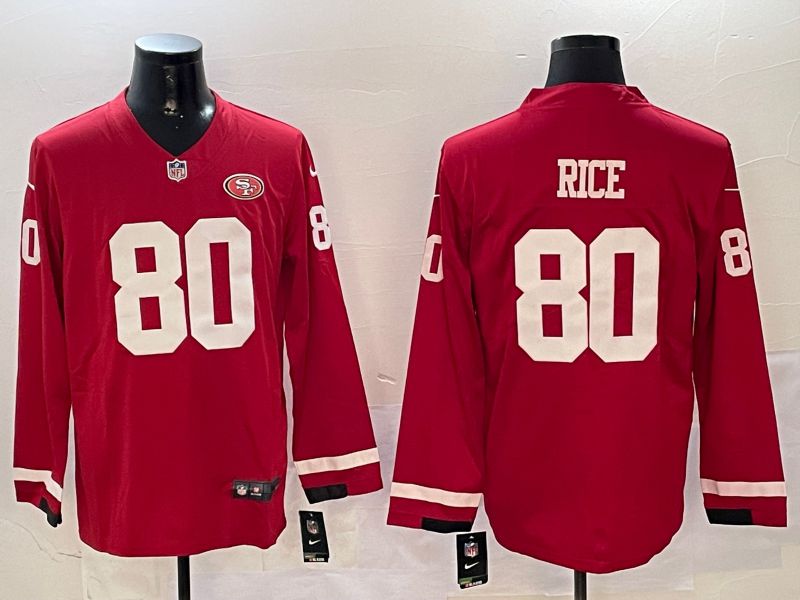 Men San Francisco 49ers 80 Rice Red long sleeve 2024 Nike NFL Jersey style 0104